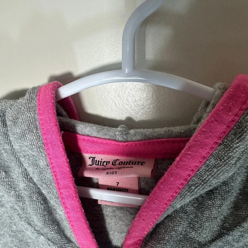 Juicy Couture Hoodie Kids Size 7 Gray Short Sleeve Terry Cloth Neon Trim Zip Up